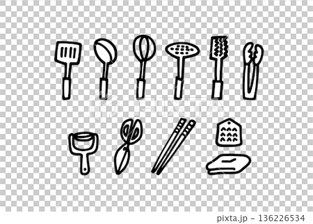 モノクロの手描きキッチンツールのイラストセット モノクロの手描きキッチンツールのイラストセット 136226534