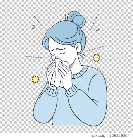 向量圖，描繪了一位患有花粉症的女士正在擤鼻涕。 136226564