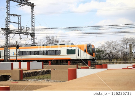 世界遺産の平城宮跡で満開の桜並木と復元遺跡を横目に走行する近鉄奈良線の特急列車列車 136226735