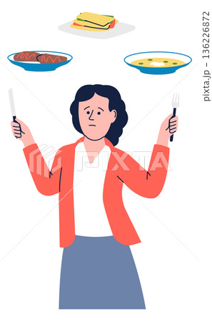 Hungry woman with excessive food appetite color character Hungry woman with excessive food appetite color character 136226872