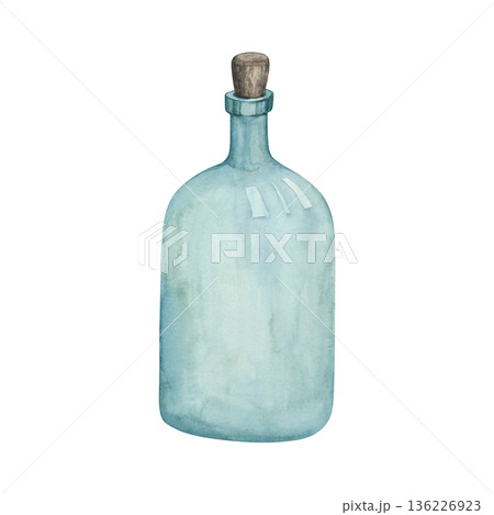 A watercolor illustration of an antique glass bottle 136226923