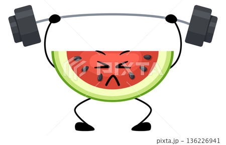 Strong watermelon slice lift weight. Healthy tropical food Strong watermelon slice lift weight. Healthy tropical food 136226941