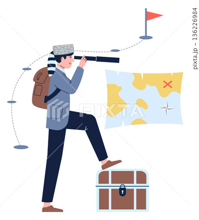 Boy scout character look in spyglass. Adventure color icon 136226984