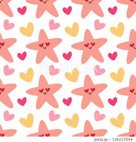 Cute Starfish and Heart Seamless Pattern in Kawaii Style Cute Starfish and Heart Seamless Pattern in Kawaii Style 136227044