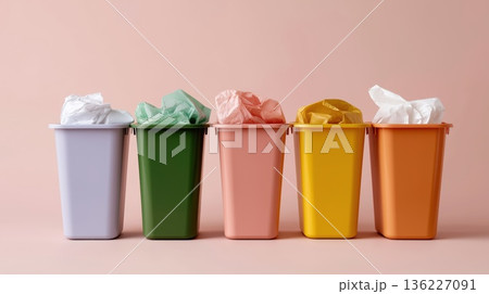 Row of pastel colored trash bins with crumpled paper inside, symbolizing waste separation and recycling in a clean environment.  136227091