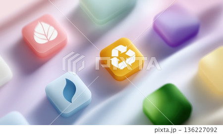 Colorful eco-friendly mobile app icons including recycling and leaves, placed on a soft fabric surface with smooth lighting.  136227092