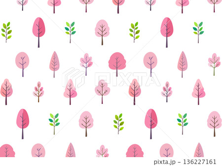 桜の木の背景　桜とピンクの花の木の手描き風イラスト　北欧風 136227161