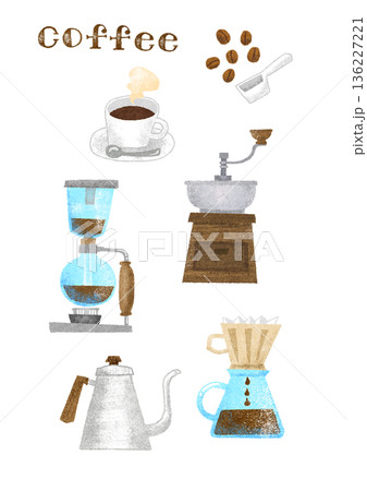 カフェ向け コーヒー器具とカップのイラスト素材セット（背景透過PNG） 136227221