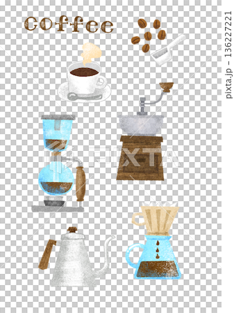 カフェ向け コーヒー器具とカップのイラスト素材セット（背景透過PNG） 136227221