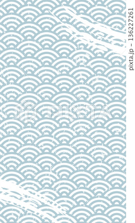 水色の青海波の文様の和柄に筆のあしらいを配した和風背景　縦長レイアウトの上品なイラスト 136227261