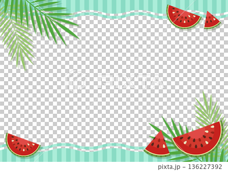 Watermelon and palm tree summer vacation background frame Refreshing stripes and tropical fruit vector material Watermelon and palm tree summer vacation background frame Refreshing stripes and tropical fruit vector material 136227392