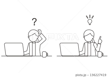 疑問と解決の人物線画セットイラスト パソコン作業とひらめき 疑問と解決の人物線画セットイラスト パソコン作業とひらめき 136227419