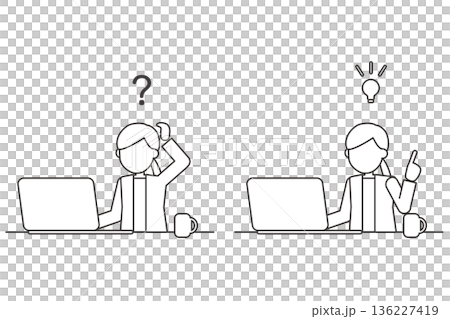 疑問と解決の人物線画セットイラスト パソコン作業とひらめき 疑問と解決の人物線画セットイラスト パソコン作業とひらめき 136227419