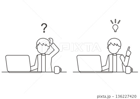 疑問と解決の人物線画セットイラスト　パソコン作業とひらめき 136227420
