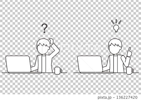 疑問と解決の人物線画セットイラスト　パソコン作業とひらめき 136227420