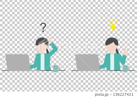 疑問と解決の人物セットイラスト　パソコン作業とひらめき 136227421