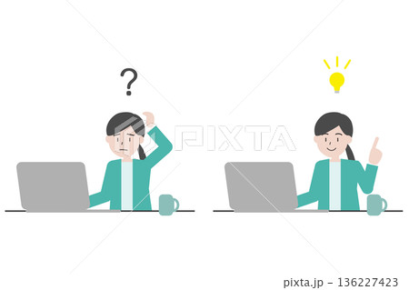 疑問と解決の女性セットイラスト　パソコン作業とひらめき 136227423
