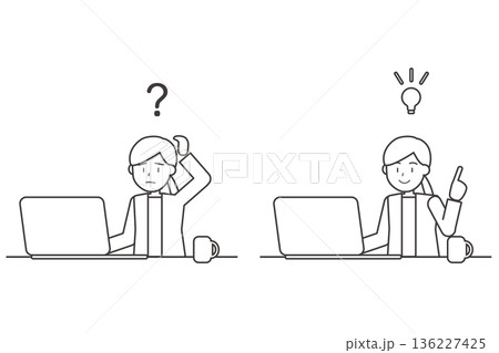 疑問と解決の女性線画セットイラスト パソコン作業とひらめき 疑問と解決の女性線画セットイラスト パソコン作業とひらめき 136227425