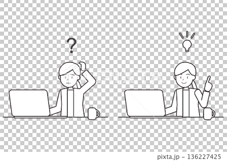 疑問と解決の女性線画セットイラスト パソコン作業とひらめき 疑問と解決の女性線画セットイラスト パソコン作業とひらめき 136227425