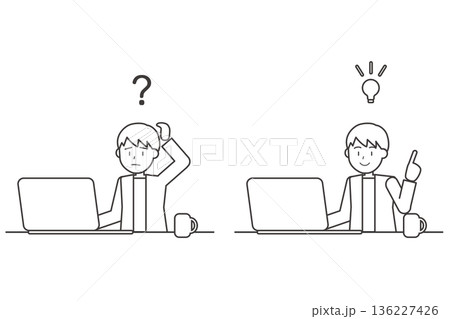 疑問と解決の男性線画セットイラスト　パソコン作業とひらめき 136227426