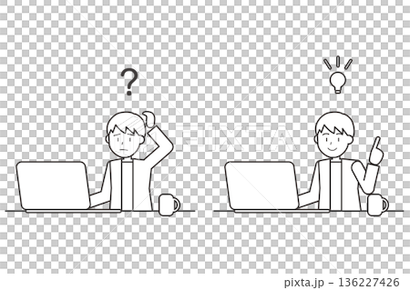 疑問と解決の男性線画セットイラスト　パソコン作業とひらめき 136227426