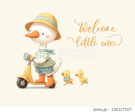 Welcome Little One Duck Family Scooter Illustration Welcome Little One Duck Family Scooter Illustration 136227507