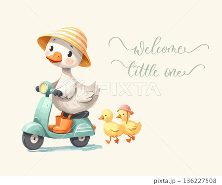 Welcome Little One Duck Family Scooter Illustration Welcome Little One Duck Family Scooter Illustration 136227508