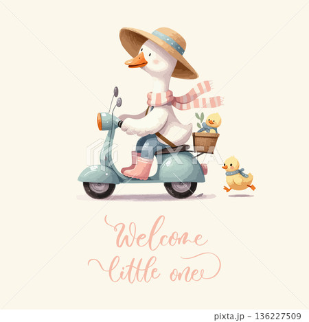 Welcome Little One Duck Family Scooter Illustration 136227509