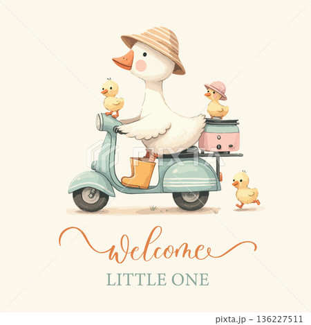 Welcome Little One Duck Family Scooter Illustration 136227511