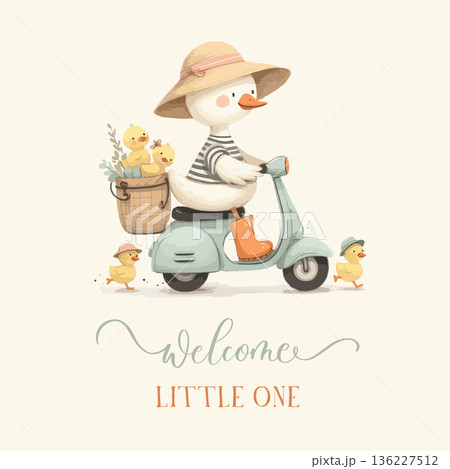 Welcome Little One Duck Family Scooter Illustration 136227512