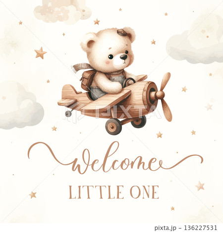 Welcome Little One Teddy Bear Airplane Illustration 136227531