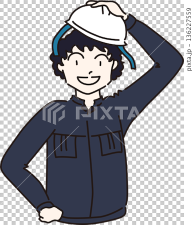 Illustration of a man in work clothes wearing a helmet, navy blue uniform 136227559