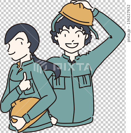 Illustration of a man and woman in work clothes holding helmets, green uniform 136227652