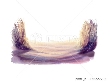 Sand dunes with pampas grass glow in golden sunset light,cast with deep violet shadows.Hand drawn illustration in soft watercolor washes for coastal decor,travel blogs,nature inspired branding 136227706