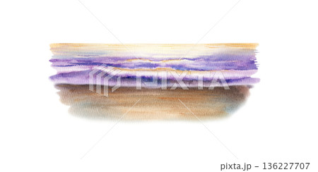Powerful ocean wave crashes at sunset,wet sand.hand drawn watercolor illustration painted in vibrant yellow and lilac light.Fluid washes,dynamic textures,dramatic scene for travel branding,wall art 136227707