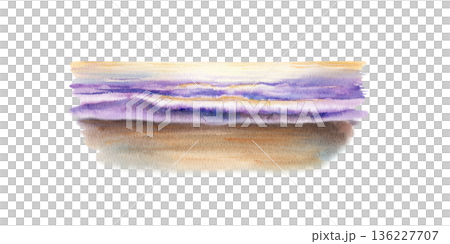 Powerful ocean wave crashes at sunset,wet sand.hand drawn watercolor illustration painted in vibrant yellow and lilac light.Fluid washes,dynamic textures,dramatic scene for travel branding,wall art 136227707