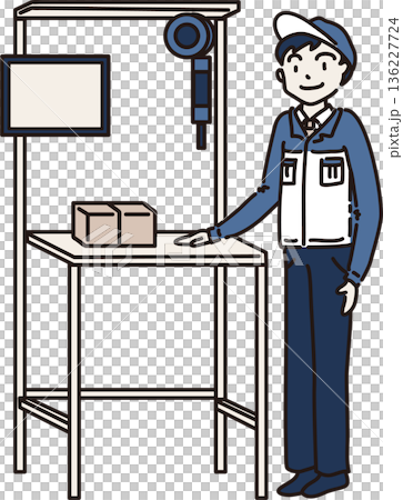 Illustration of a man in work clothes standing in front of a workbench Blue uniform Illustration of a man in work clothes standing in front of a workbench Blue uniform 136227724