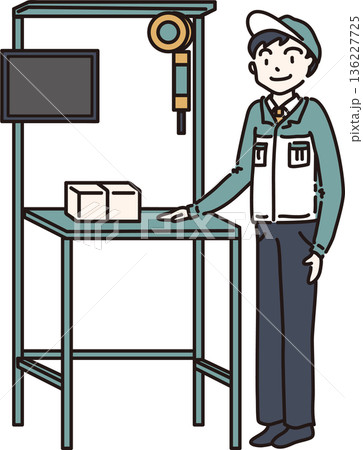 作業台の前に立つ作業服の男性のイラスト　緑色の制服 136227725