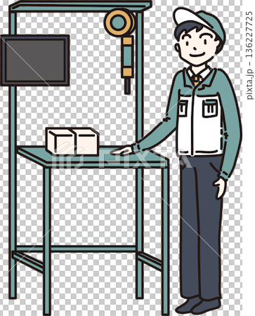 作業台の前に立つ作業服の男性のイラスト　緑色の制服 136227725