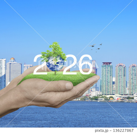 Happy new year 2026 ecological cover, Save the earth concept, Elements of this image furnished by NASA Happy new year 2026 ecological cover, Save the earth concept, Elements of this image furnished by NASA 136227867