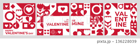 Modern Valentines Day poster series with bold geometric shapes, hearts and clean typography Modern Valentines Day poster series with bold geometric shapes, hearts and clean typography 136228039