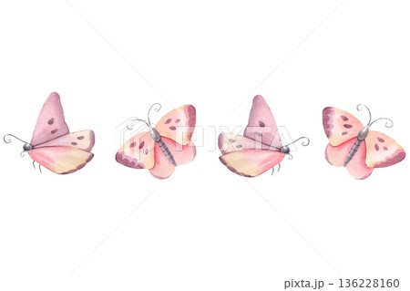 Seamless border with delicate butterflies. Hand-painted watercolor illustration isolated on white for invitations, posters, headers, packaging, stationery, branding, romantic, wedding design projects Seamless border with delicate butterflies. Hand-painted watercolor illustration isolated on white for invitations, posters, headers, packaging, stationery, branding, romantic, wedding design projects 136228160