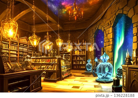 ゲーム背景　ダンジョン迷宮秘密の隠し部屋にあるアイテムショップ 136228188