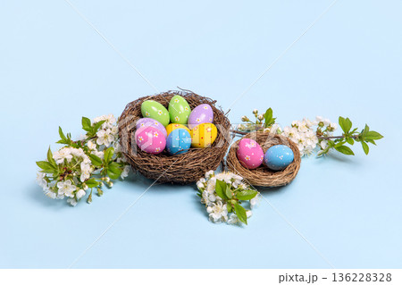 Easter colored painted eggs in bird nests and blooming spring cherry branches on blue table with space for text and greetings. Easter and spring concept. Spring background 136228328
