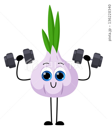 Healthy onion with dumbbells. Cartoon strong fitness vegetable Healthy onion with dumbbells. Cartoon strong fitness vegetable 136228340