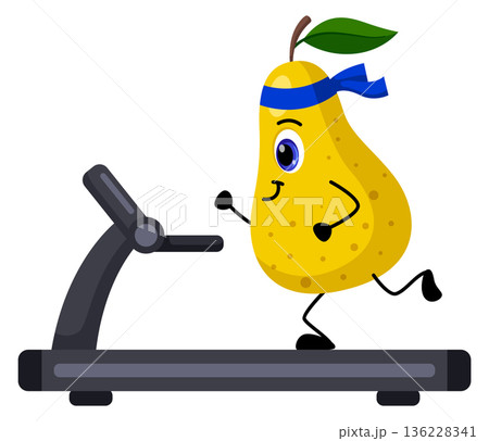 Pear run on treadmill. Fruit training in fitness gym Pear run on treadmill. Fruit training in fitness gym 136228341