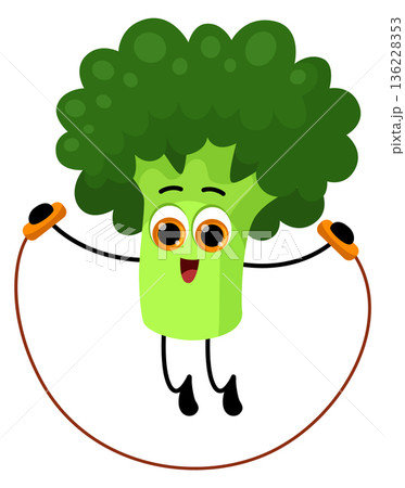 Broccoli skipping rope. Happy healthy nutrition mascot 136228353