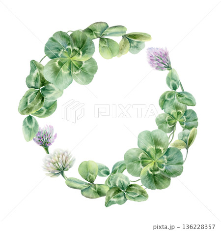 Wreath of clover leaves trefoil and with four leaves,lilac and white flowers.Watercolor template,symbolizing luck and new beginnings,for wedding invitations,bridal party decor,romantic celebrations 136228357
