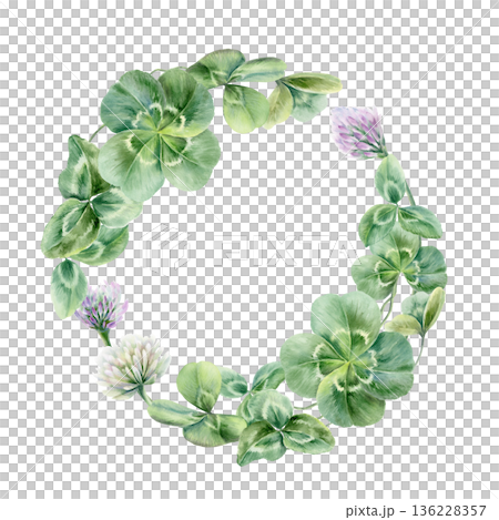 Wreath of clover leaves trefoil and with four leaves,lilac and white flowers.Watercolor template,symbolizing luck and new beginnings,for wedding invitations,bridal party decor,romantic celebrations 136228357