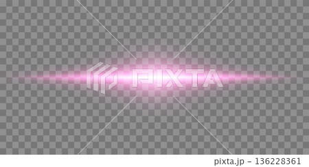 Pink horizontal lensflare. Light flash with rays spotlight. Pink glow flare light effect. Vector illustration. Isolated on dark transparent background. 136228361